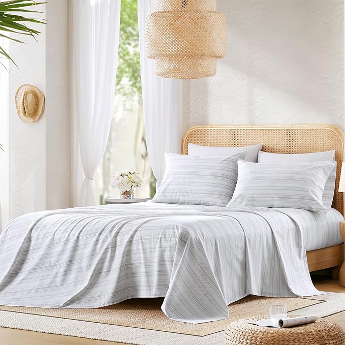 Comfort Spaces 100% Cotton Sheets Cal King, Breathable, Naturally Cool Cotton Sheets, Cotton Bed Sheets with 14" Elastic Pocket Fits up to 16" Mattress, All Seasons Sheet Set, Good Vibes Grey 4 Piece