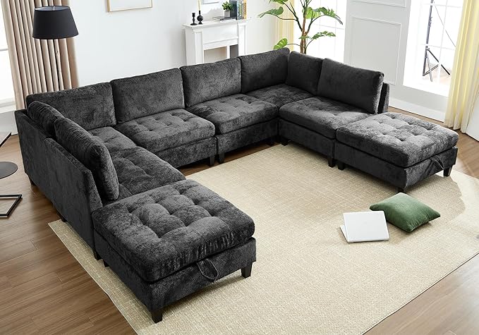 Luxe Oversized Modular Sectional Sofa, Modern Chenille Convertible Sleeper Sofa with Storage Ottoman, Comfy Deep Seat U-Shaped Cloud Couch for Living Room（Dark Grey，6-Seater + 2 * Ottoman + Tea Tray）