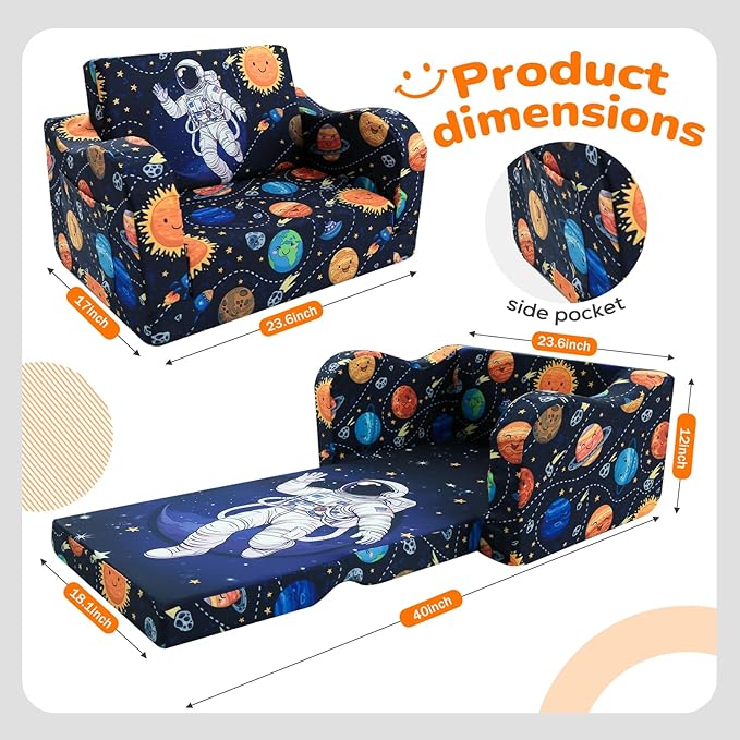 MeMoreCool Folding Kids Couch – 2-in-1 Toddler Sofa Bed & Lounge Chair | Astronaut Print | Fold-Out Design | Washable Cover | Ages 1–3
