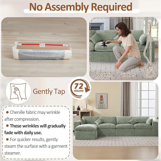 146''Cloud Boneless Sectional Couch, Modular Sectional Sofa Deep Seat with Ottoman, Oversized Upholstered Convertible Comfy 5 Seater Chenille Sofa L Shape Couches for Living Room, Green