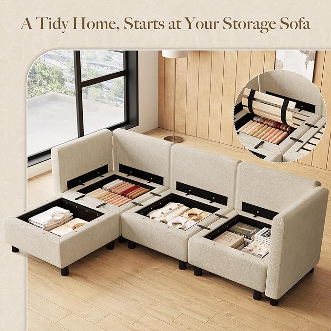 Belffin 84.3" 4 Seats L Shaped Couch Modular Sectional Sofa Washable Sectional Couches for Living Room Comfy Couches with Storage Seat Couch Sofas with Chaise,Beige