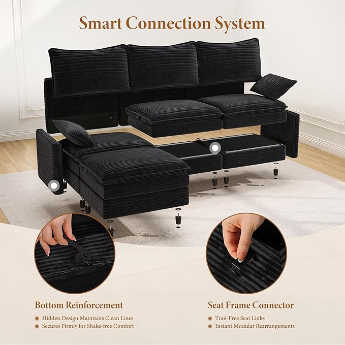 Vesgantti 101" V-Shaped Corner Couch Sectional, 7 Seat Customizable Modular Cloud Couches with Movable Ottoman, Corduroy Deep Seat Sofa Set with Chaise for Living Room, Bedroom and Apartment, Black