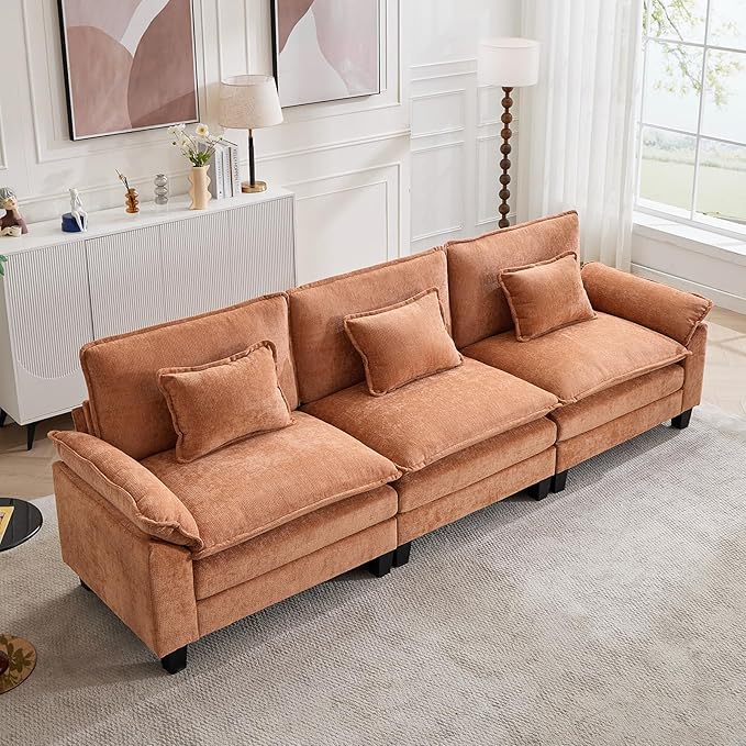 120" Modular Sectional Sofa, Comfy Cloud Couch Sectional, Chenille Sofa Sleeper Deep Seat Sofa with Throw Pillows for Living Room (Orange, 120"- 3 Seater)