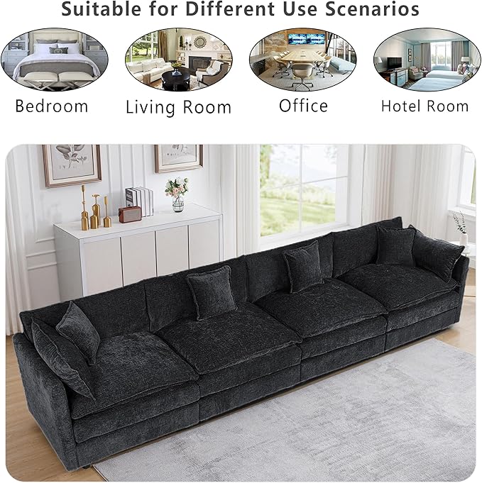 Setawix Chenille Cloud Couches for Living Room,4 Seater Cloud Sofa Couch with Deep Seat,147.22" Roomy Cloud Sofas,Modular Sectional 4 Seat Sofa with Pillows for Bedroom (Black, 4 Seater)