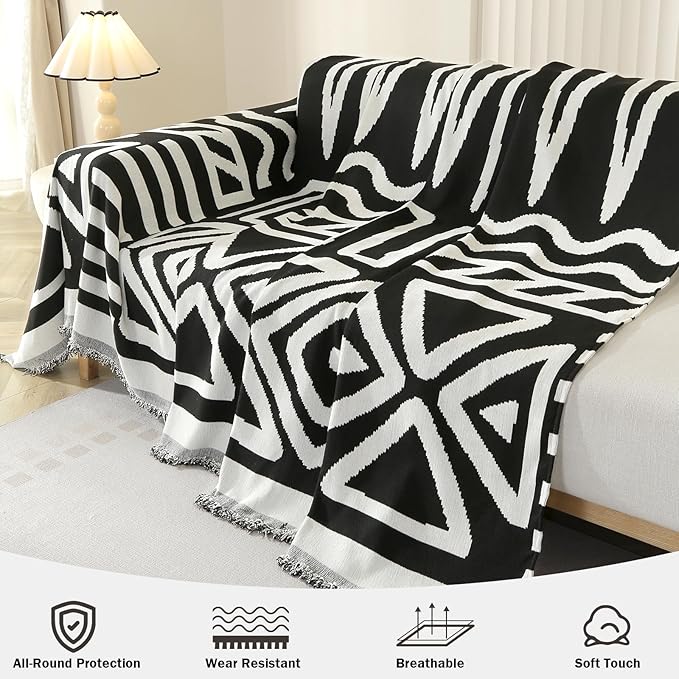 OstepDecor Boho Sectional Couch Covers 2 Pieces, L Shaped Sofa Cover, Chenille Couch Cover for Dogs Washable, Couch Cover Blanket, Sofa Slipcover for 2-3 Cushion Couch (71"x118"+91"x134", Black)