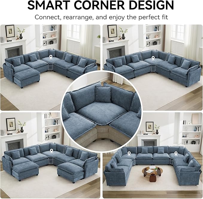 113'' V Shaped Cloud Sectional Sofa, Oversized Deep Seat Couches for Living Room, Chenille Comfy Upholstered Modular Sectional Sofa Couch, Blue
