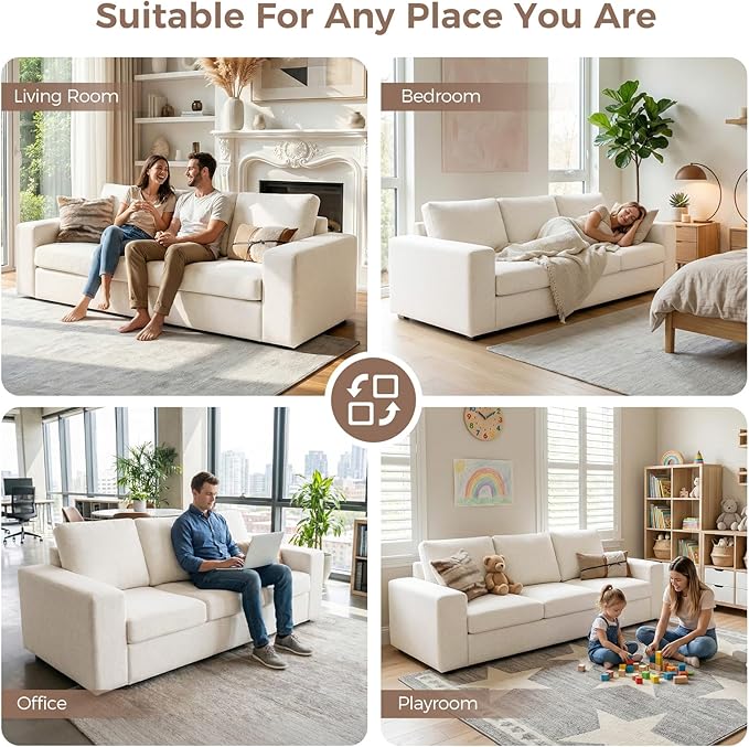 ELUCHANG 85" Modern Couches for Living Room, Natural Linen 3 Seat Sofa, Comfy Deep Seat Sofa, Spring Cushions, Removable Cover, Solid Wood Frame, Easy Assembly Loveseat for Small Space, Beige, 2PCS | Breathable material, Easy to Assemble, Removable Cov...