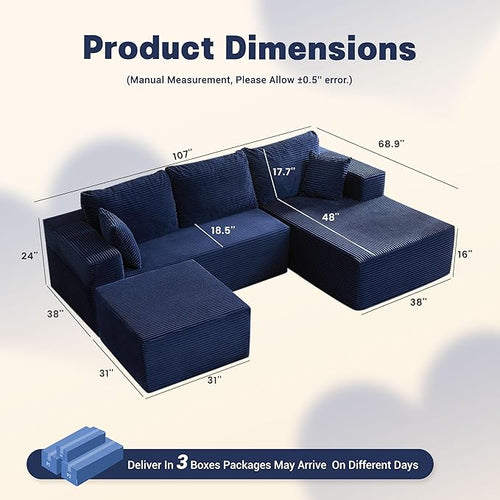 107" Boneless Couch with Deep Seat, Set of Modular Sectional Sofa, Cloud Sectional Couch for Living Room, No Assembly Required, Corduroy, U-Shape 3 Seater Right, Blue