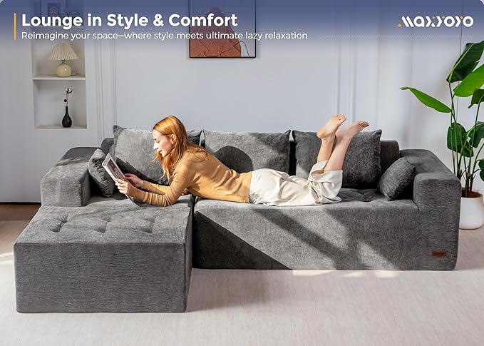 MAXYOYO Modular Sectional Sofa Couch, L Shaped Boneless Cloud Couch with Flexible Ottoman, Chenille Upholstered Living Room Sleeper Sofa Chair for Living Room, No Assembly Required, Light Grey