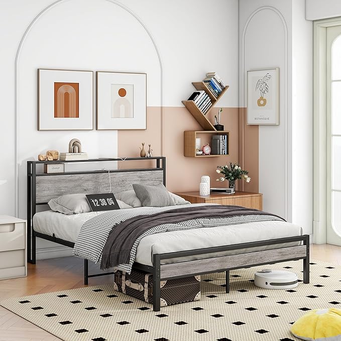 BOFENG Queen Bed Frame with Wood Headboard Storage,Heavy Duty Metal Platform Bed Frame Queen Size with Charging Station,Reinforced Steel Slats Support,No Box Spring Needed,Noise Free,Greige