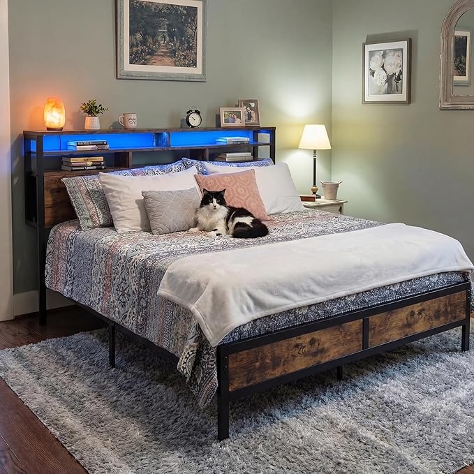 Homkdom King Bed Frame with 2-Tier Storage Headboard and 4 Drawers,Metal Platform Bed Frame with LED Lights & Charging Station,King Size Bed Frame 1100LB-Heavy Duty,No Noise,Rustic Brown