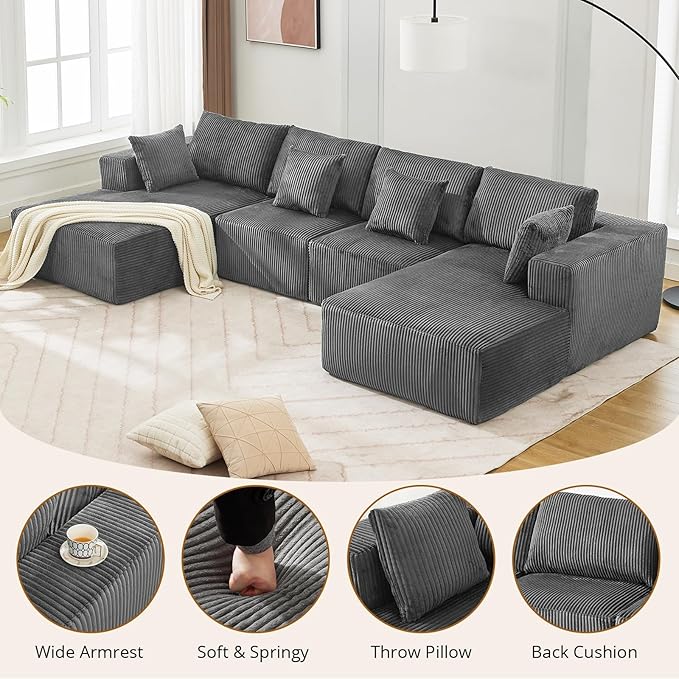 Sectional Cloud Boneless Couch 137" Modern Comfy U-Shaped No Assembly Required Convertible Compression Sleeper Modular Sofa with Corduroy Fabric Deep Seat Single + Chaise for Living Room