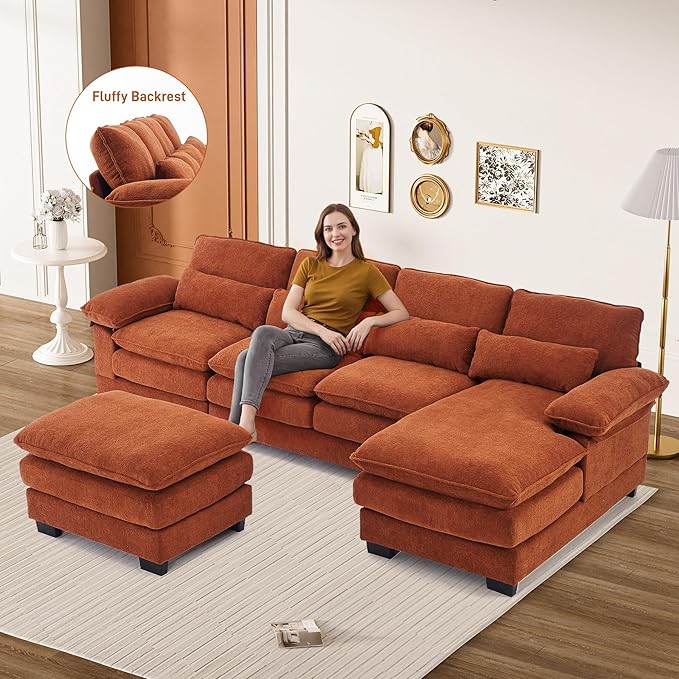 113" Cloud Couch Sectional Modular Sofa U Shaped Sectional Couches for Living Room Comfy 5-Seater Deep Seat Couch Chenille Cloud Sectional Sofa with Movable Ottoman & 4 Pillows, Orange