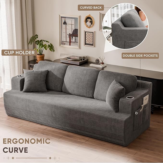 Homall 87” Boneless Sofa Couch with 2 Pillows Extra Deep Seats, Corduroy Fabric 3 Seater Sofa for Living Room with Cup Holder & Storage Pocket Upholstered Floor Sofa Easy Installation (Grey, 3 Seater)