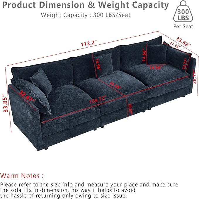 Setawix Chenille Cloud Couches for Living Room,3 Seater Cloud Sofa Couch with Deep Seat,112.2" Roomy Cloud Sofas,Modular Sectional 3 Seat Sofa with Pillows for Bedroom (Blue, 3 Seater)