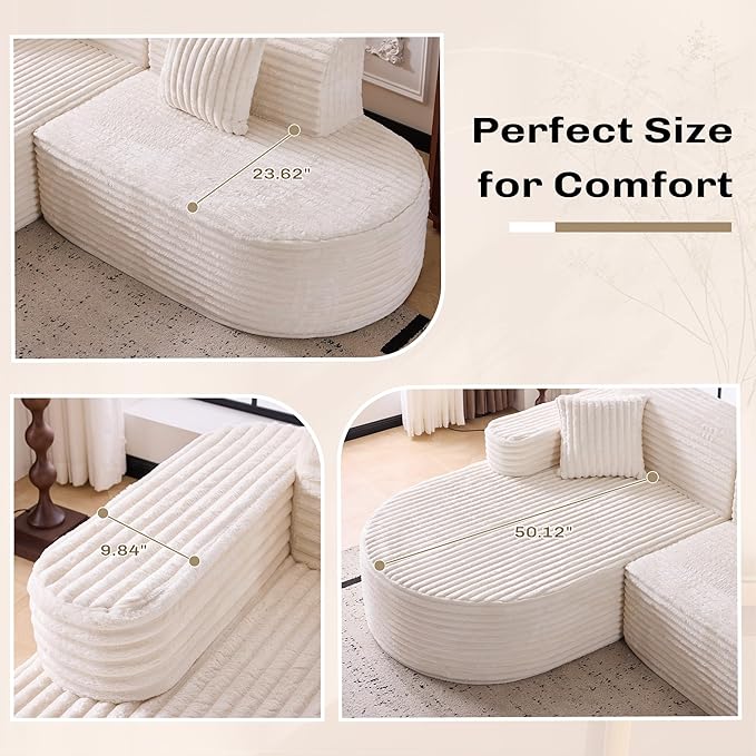 Modern Curved Boneless Sofa Couch, L-Shaped Corner Sofa, Corduroy Upholstered Cloud Sectional Couch for Living Room, Bedroom and Apartment,No Assembly Needed(Beige, Right Hand Facing)
