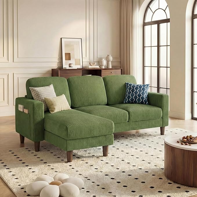YESHOMY L-Shaped Sofa Couch, Small Couch with Reversible Chaise and Ottoman, Convertible Sectional Comfy 3 Seat Sofas with Side Pockets for Apartment and Living Room (Olive Green)