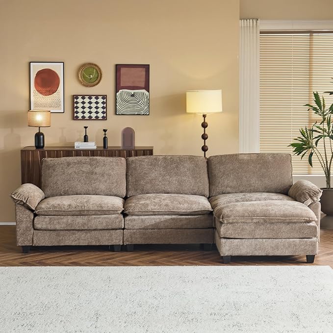 Karl home Chenille Modular Sectional Sofa 3 Seats with 1 Ottomans Sofa Couch L-Shaped Design, Comfy Upholstered Furniture for Living Room, Apartment, Studio, Office, Light Brown