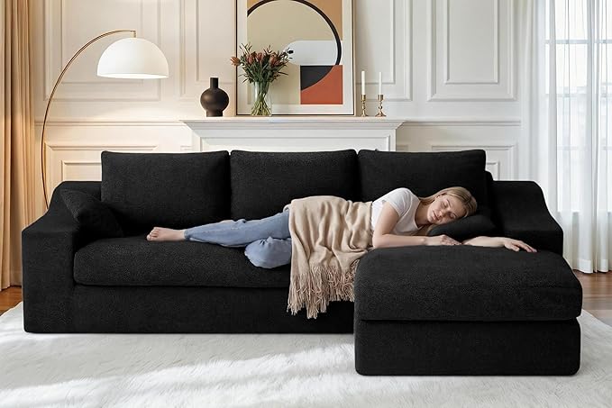 HABUTWAY 101'' Modular Sectional Sofa, Cloud Sectional Couches for Living Room, Comfy Boneless Couch with Deep Seat, Modern L-Shape Sofa with Chaise, No Assembly Required (Black, Right Facing Chaise)