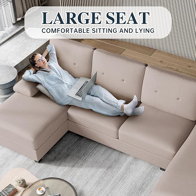 Meilocar Sectional Couches for Living Room, 106 in U Shaped Couches for Living Room, 4 Seat Sofa with Armrest, Sectional Couch for Apartment, Beige