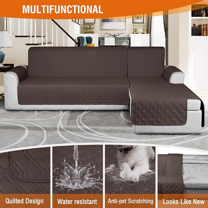 VANSOFY Sectional Couch Covers 100% Waterproof L Shaped Sofa Slipcover 3pcs Reversible Chaise Lounge Cover for Sectional Sofa Furniture Protector Cover for Pets Cat Dog(Large, Chocolate)