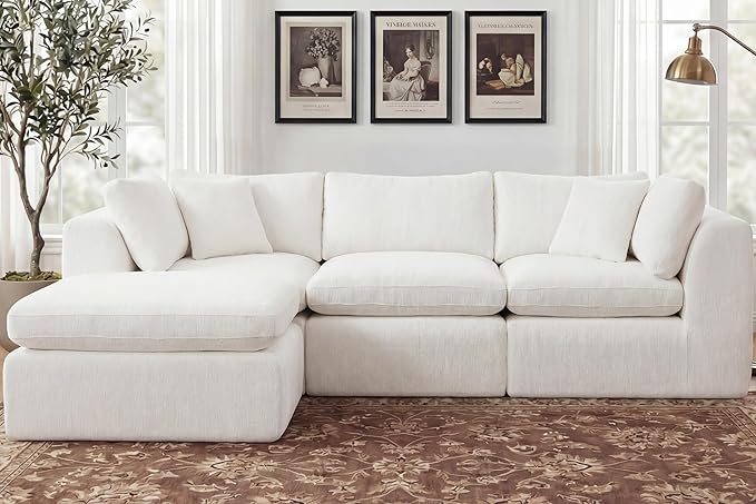 110'' Oversized Cloud Sectional Boneless Couch for Living Room, Modern Big Compressed L Shape Couch with Ottoman & 2 Throw Pillows, Chenille Deep Seat Memory Foam Spineless 4 Seater Sofa,Beige | Premium Chenille, Cloud-Like Comfort, Versatile Style, Wa...