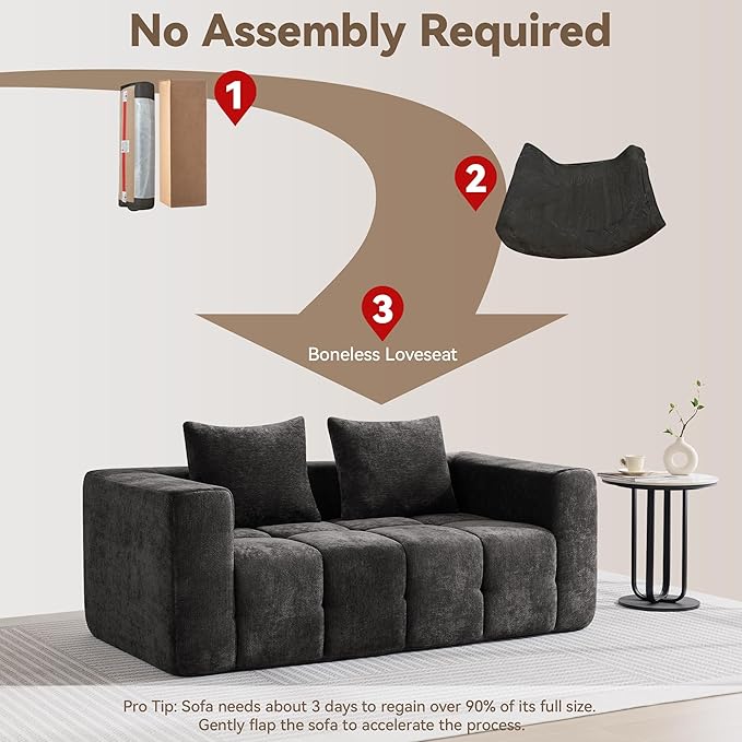 72" Loveseat Boneless Couch, Cloud Sectional Couch with Deep Seat, High-Density Memory Foam and Chaise, Love Seat Sofa, Boneless Couches for Living Room, No Assembly Required Tufted Sofa, Dark Grey