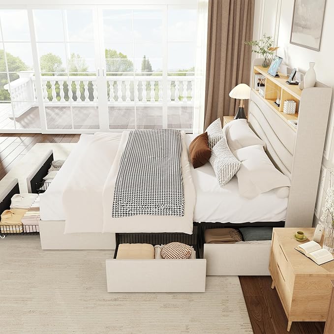 BRELTAM King Size Bed Frame with 6 Storage Drawers, Linen Upholstered Platform Bed with Charging Station,2-Tier Wave-Shaped Headboard Design,No Box Spring Needed,Easy Assembly,Beige