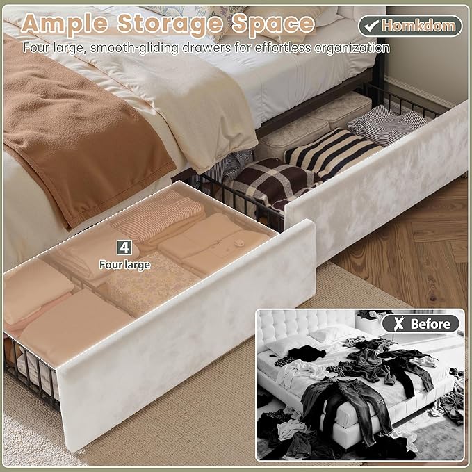 Homkdom Queen Upholstered Bed Frame with 4 Drawers and Velvet Headboard, Platform Bed Frame Queen Size with LED Lights, Wooden Slats Support,Easy Assembly, Beige