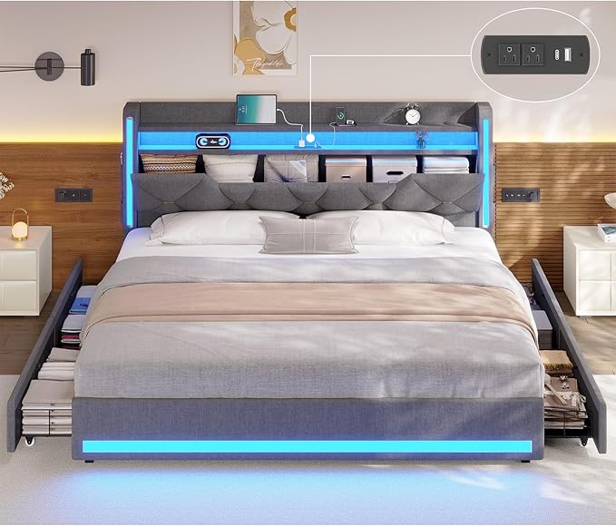 busyaeh Queen Size Bed Frame with 4 Drawers,Light up Bed Frame with Headboard and Storage, Metal Queen Platform Storage Queen Bed with Charging Station, No Box Springs Needed, Easy Assembly,Dark Gray