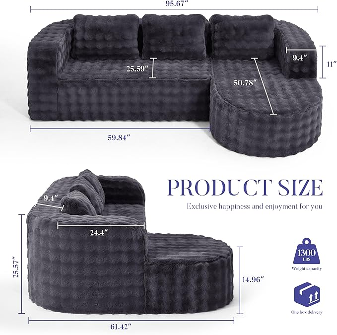 Hobestluk 96" Cloud Sectional Couch Modern Boneless Couch 3 Seater with Oversized Chaise L Shaped Modular Sofa Couches for Living Room Apartment No Assembly Required (Bubble Grey, Right Facing Chaise)