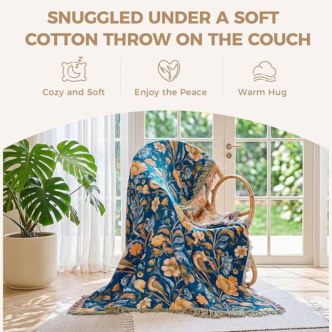 LUTBM Boho Throw Blanket for Couch Sofa Chair Cotton Spring Blankets for Bedroom Living Room All Season Soft Lightweight Reversible Floral Bird Embroidery Decorative Throws 50"x60"