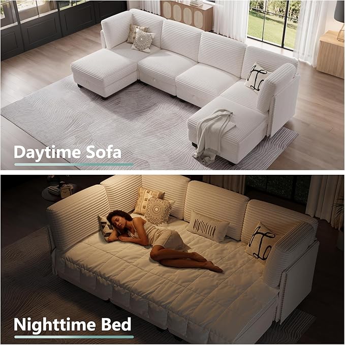 Modular Sectional Sofa with Adjustable Backrest, Convertible L/U-Shaped Sleeper Couch for Living Room, Cloud Sofa Bed Modern Reversible Design, Beige