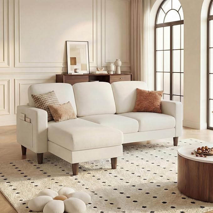 YESHOMY L-Shaped Sofa Couch, Small Couch with Reversible Chaise and Ottoman, Convertible Sectional Comfy 3 Seat Sofas with Side Pockets for Apartment and Living Room (Beige)