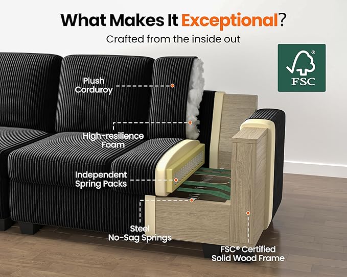 CHIC HOUSE Middle Module for Modular Couch, Corduroy Customizable Chaise, Storage Ottoman for Sectional Sofa, Armrest, Single/Double Seater