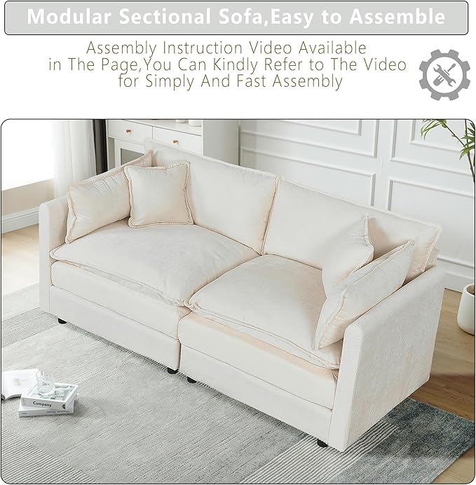 Setawix Chenille Loveseat Sofa Couch with Deep Seat,Large 2 Seater Cloud Couches for Living Room,77.16" Roomy Cloud Sofas,Modular Sectional 2 Seat Sofa with Pillows for Bedroom. (Beige, 2 Seater)