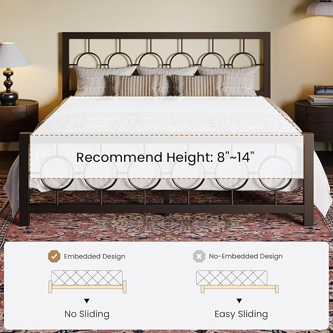 SHA CERLIN King Size Metal Bed Frame with Vintage Circular Design Headboard and Footboard,No Box Spring Required, Easy Assembly,Noise-Free,Brown