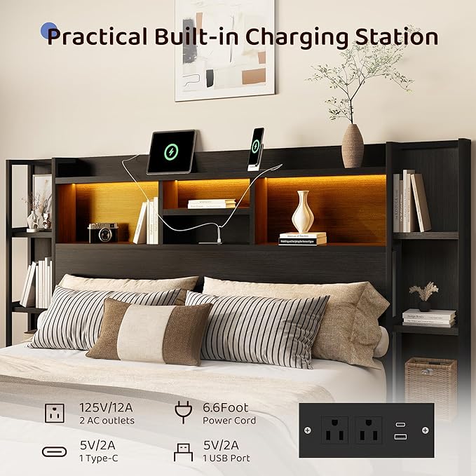BRELTAM Queen Size Bed Frame with 4 Storage Drawers and Headboard Featuring Shelf Storage, Wooden Platform Bed Frame with LED Lights and Charging Station, Easy Assembly/No Box Spring Needed/Black