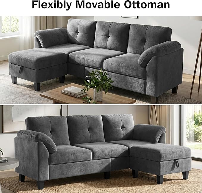 WEUP 79" Convertible Sectional Couch with Storage Ottoman, L Shaped Small Sofa, 4 Seat Couches for Living Room, Apartment, Small Space, Grey