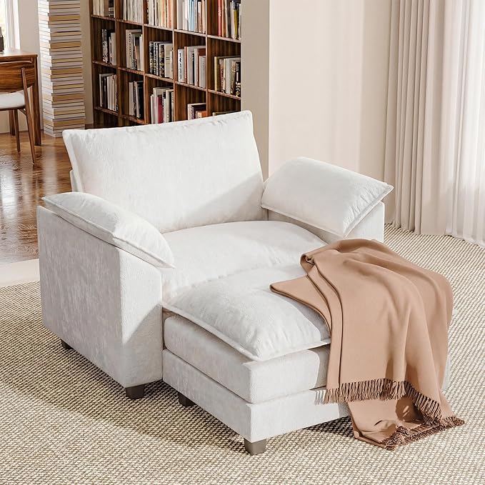Single Chaise Lounge with 30'' Deep Seat & Movable Ottoman, Reading Chair with Wide Armrest, Chenille Cloud Couch Double Layer Cushion for Living Room, Office, Bedroom (White, Single Sofa Chair)