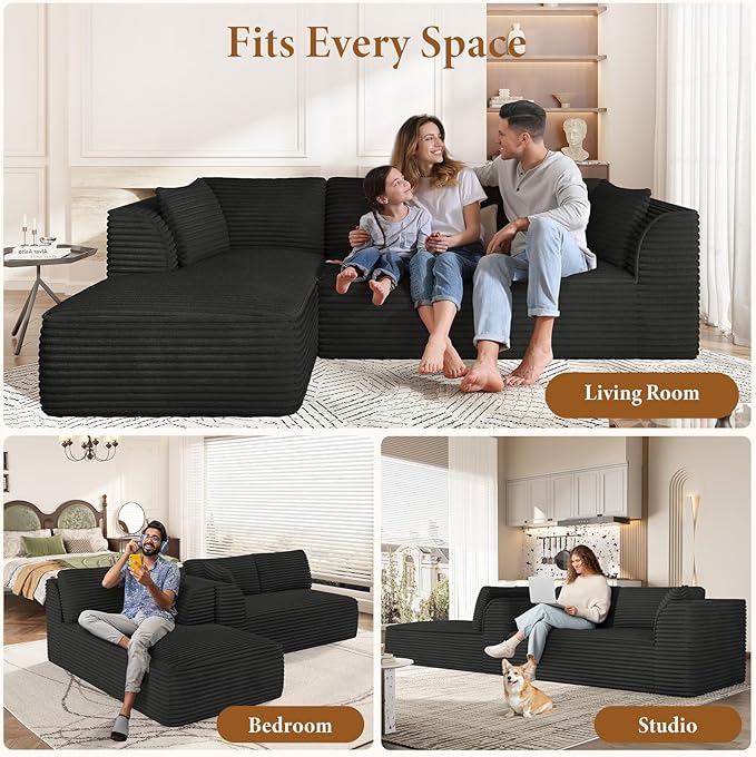 Vesgantti 106" Cloud Sectional Couch with Chaise, Deep Seat Comfy Modular Sectional Sofa Corduroy Memory Foam Boneless Couches for Living Room Bedroom, No Assembly Required (Black, Left-Facing Chaise)