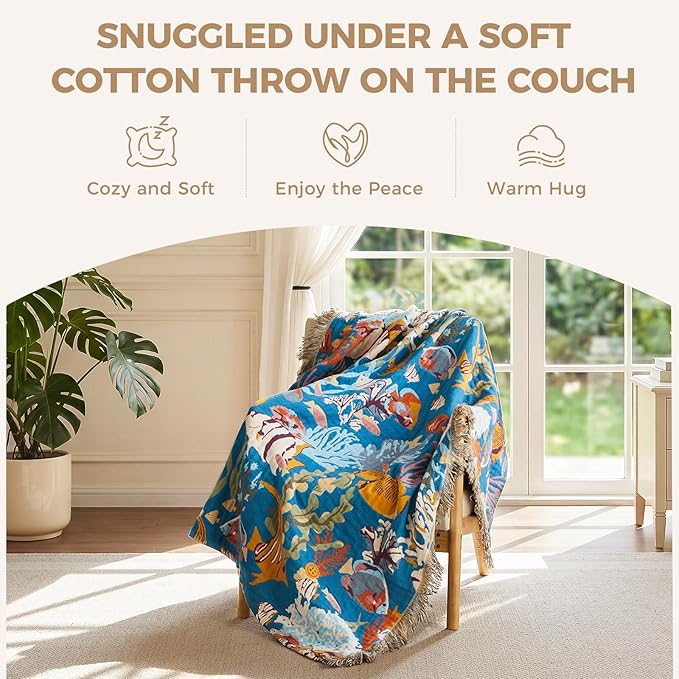 LUTBM Throw Blanket for Couch Sofa 100% Cotton Blankets for Bedroom Living Room Spring Soft All Season Reversible Underwater Ocean Life Embroidery Throws Coastal Home Decor 50"x60"