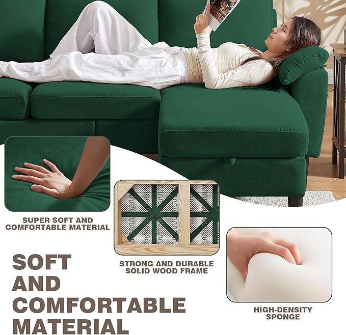 80" Convertible Sectional Sofa Set, Modern Linen Small L Shaped Couch with Reversible Chaise and Loveseat Sofa, 3-Seat Sofa Couches for Living Room, Office, Apartment, Green