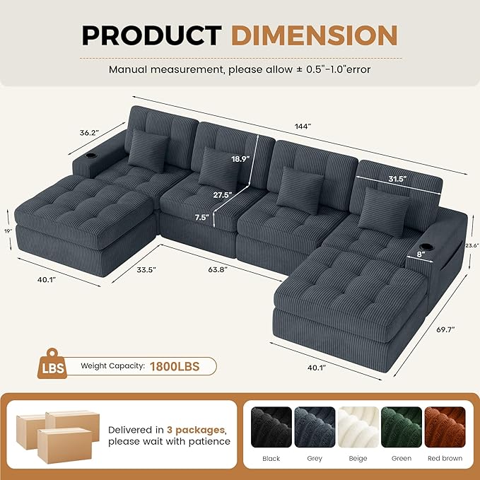 144" U Shaped Cloud Boneless Couch,Modern Modular Sectional Sofa with Layered Cushion,No Assembly Convertible Corduroy Couches for Living Room,Grey 1 PCS