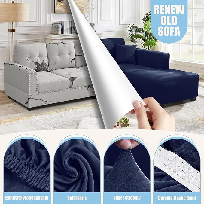 KinCam Sectional Couch Covers L Shape Sofa Covers Super Stretch 2pcs Sofa Slipcovers for 3 + 3 Seaters Sectional Chaise Slipcover with 2pcs Pillow Covers for Pets Kids (Dark Blue)