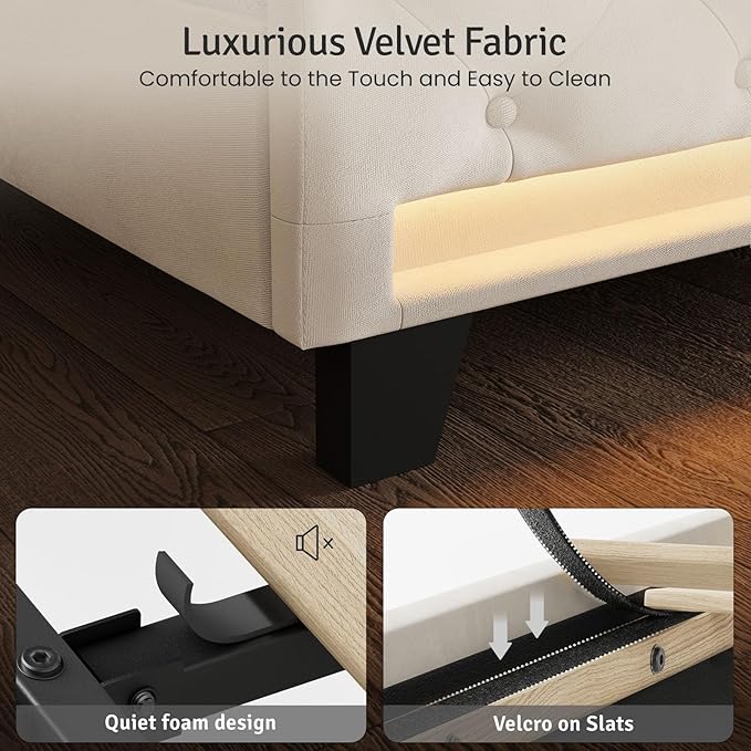 Belffin Queen Size Bed Frame with Headboard,50" Tall Headboard Upholstered Velvet Platform Bed with LED Lights & 2 USB Port/1 Type C Port, Button Tufted,No Box Spring Needed, Noise Free,Beige