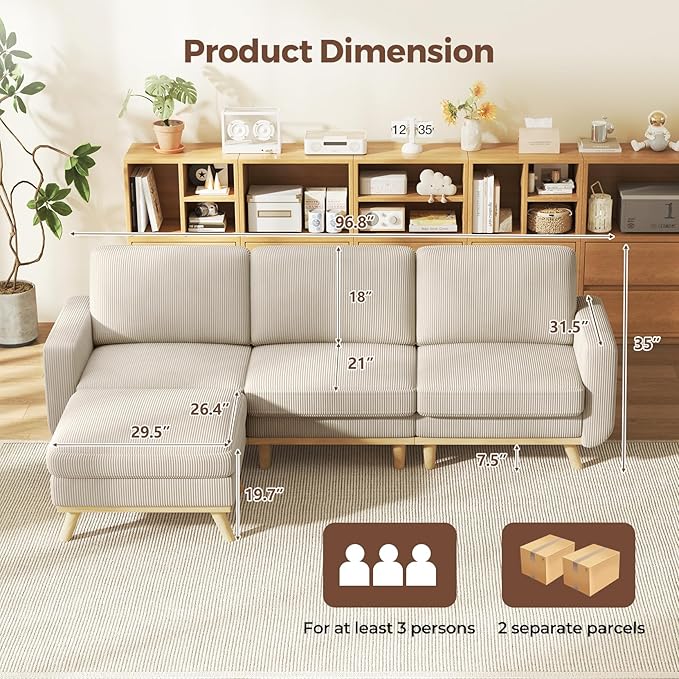 Vesgantti L-Shaped Modern Sofa, Modular Sectional Cloud Couch with Ottoman, Comfy Corduroy Deep Seat Sofa for Living Room, Bedroom and Apartment, Light Gray