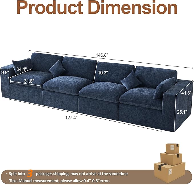 146''Cloud Boneless Sectional Couch, Modular Sectional Sofa Deep Seat, Oversized Upholstered Convertible Comfy 4 Seater Chenille Memory Foam Sofa Couches for Living Room, Navy