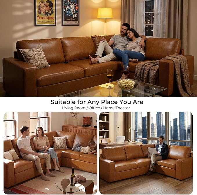 ELUCHANG 113" V-Shaped Modular Sectional Sofa Couch, Modern 5-Seat Premium Faux Leather Deep Seat Sofa with Corner, Removable Cover, Easy Assembly, Large Sofas & Couches for Living Room, Office, Brown | Spring Cushions, Easy to Clean