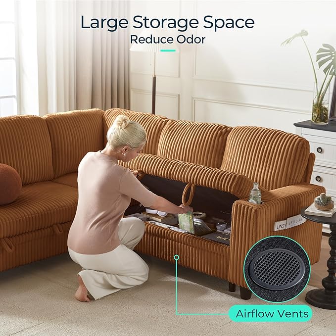 LINSY HOME Sectional Sleeper Sofa with Pull Out Couch Bed - Convertible Plush Corduroy Cloud Couch with Storage Chaise & USB Charging, Comfy Modular Couches for Living Room, Brown